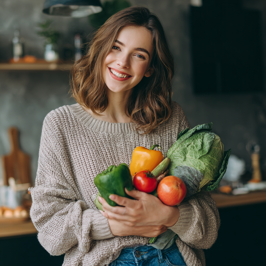 Happy nutritionist consulting with a client, both smiling and discussing meal planning in a bright, modern kitchen setting
