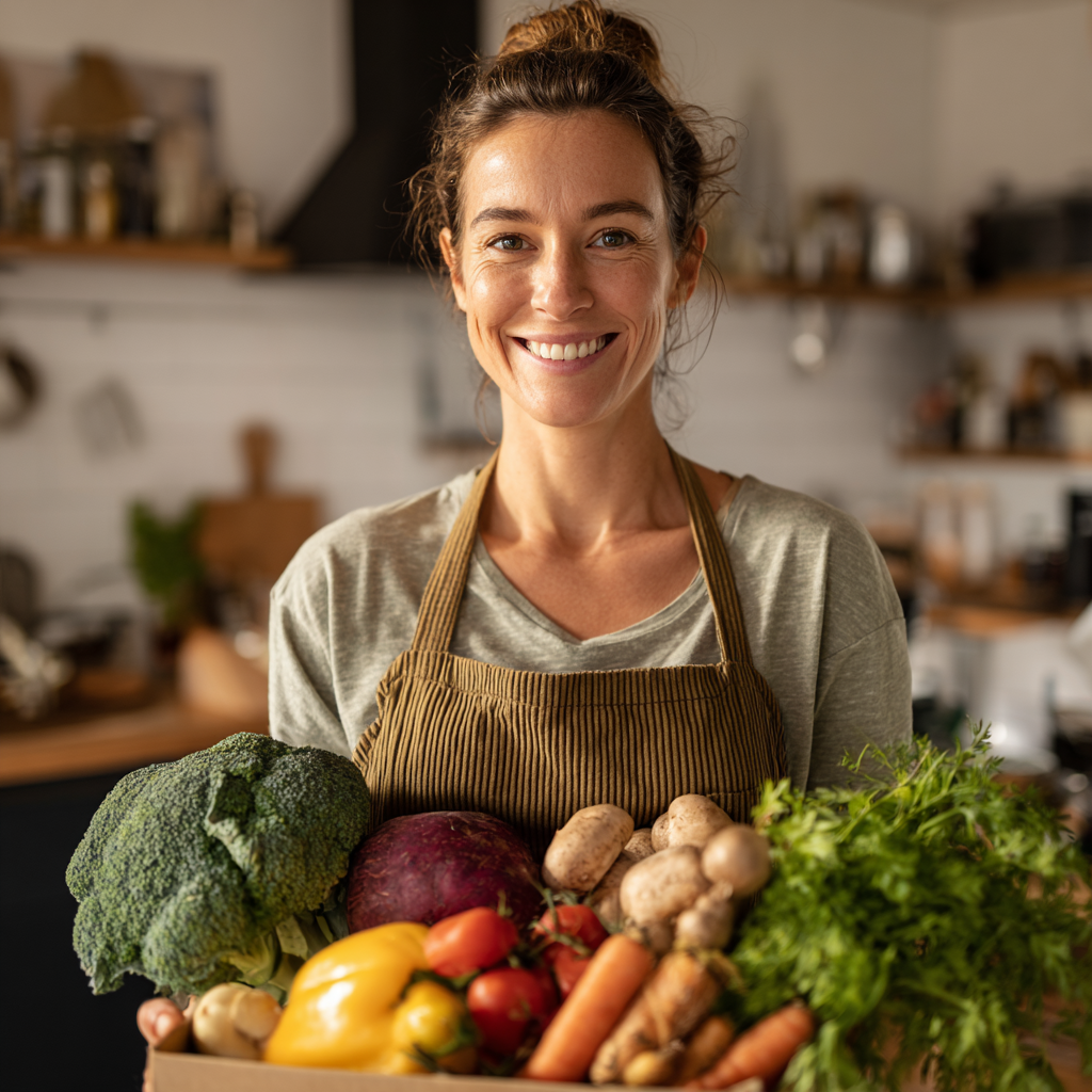 Group of diverse people of different ages enjoying a healthy meal together, smiling and sharing food in a warm, inviting dining room