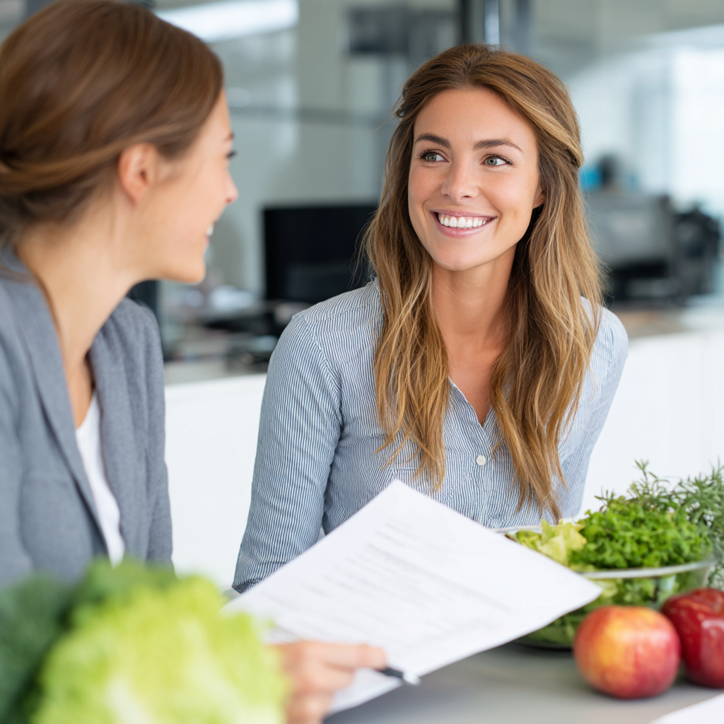 Professional nutritionist in consultation with a client, both smiling warmly while reviewing meal planning documents in a bright, modern office
